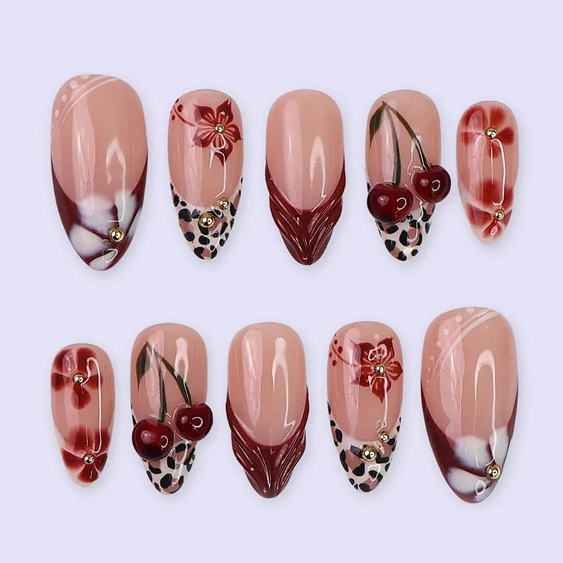 3D Flower French Tip Pink Almond Press On Nails – Handmade Pearl Bead Set | sNails Nails