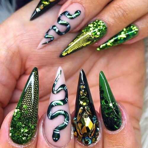 24Pcs Black Y2k Fake Nails with Diamond Halloween Long Almond False