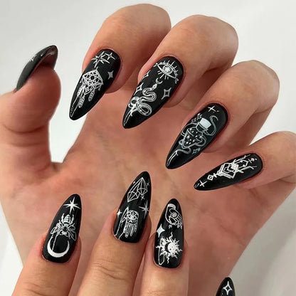 24Pcs Horror Comic Tomie Press on Nails Almond Glossy Black Japanese