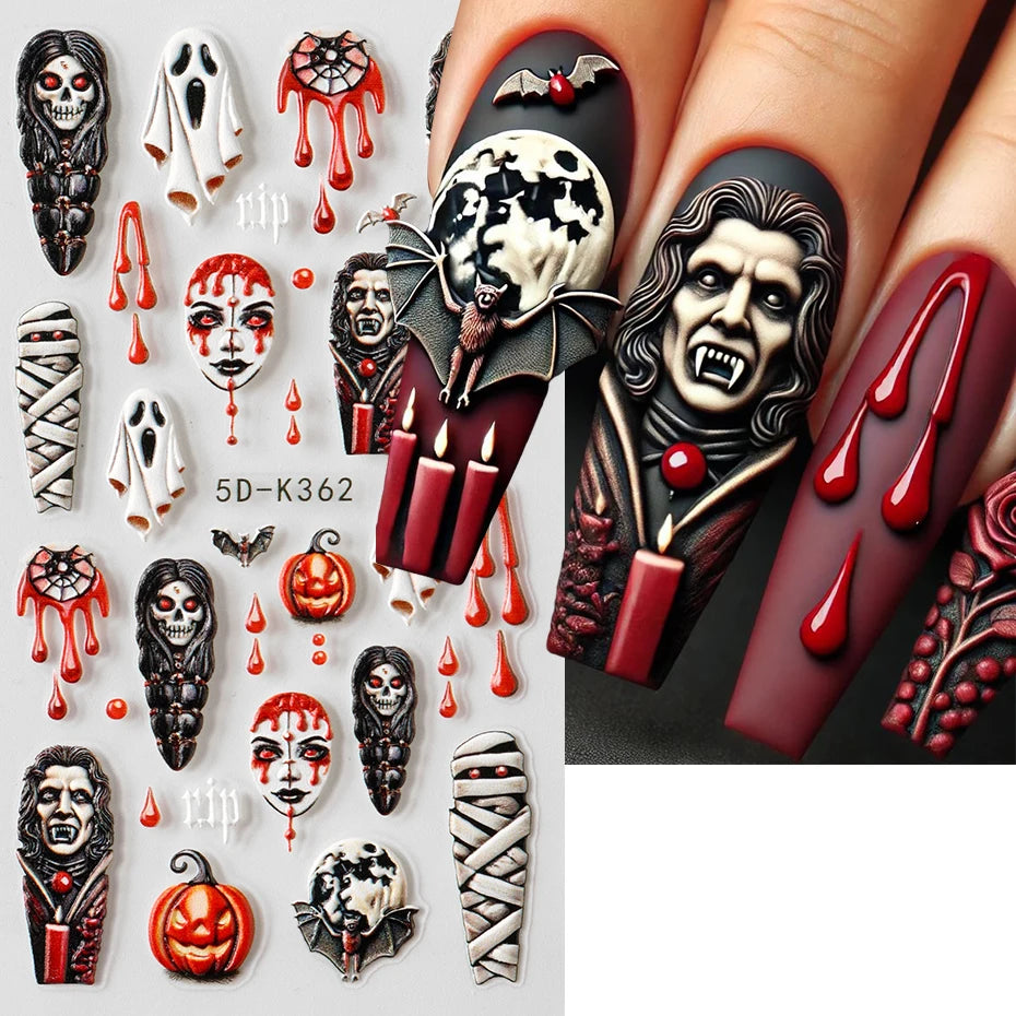 2pcs Halloween Ghost Mummy Blood Nail Stickers Pumpkin Spider Web Lips