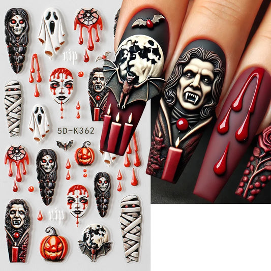 2pcs Halloween Ghost Mummy Blood Nail Stickers Pumpkin Spider Web Lips