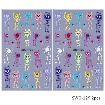 2pcs Skeleton Halloween Nail Stickers Cartoon Skull Heads Textured