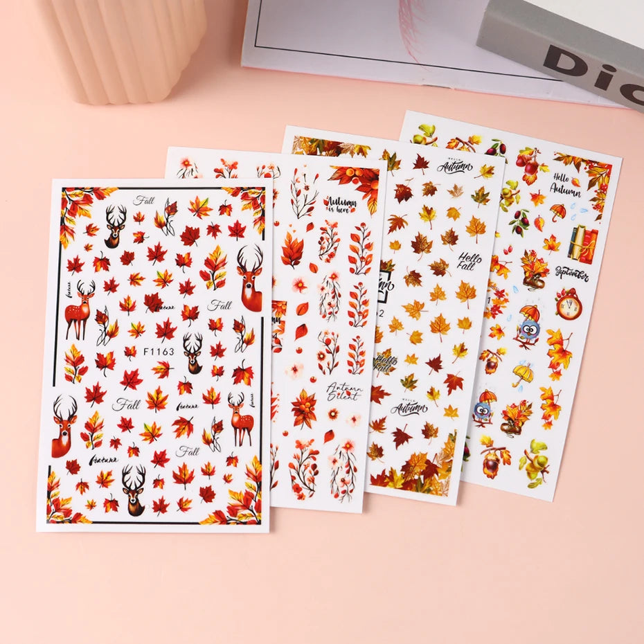 4 pcs 3D Autumn Maple Leaves Nail Stickers Deer Hazelnut Character