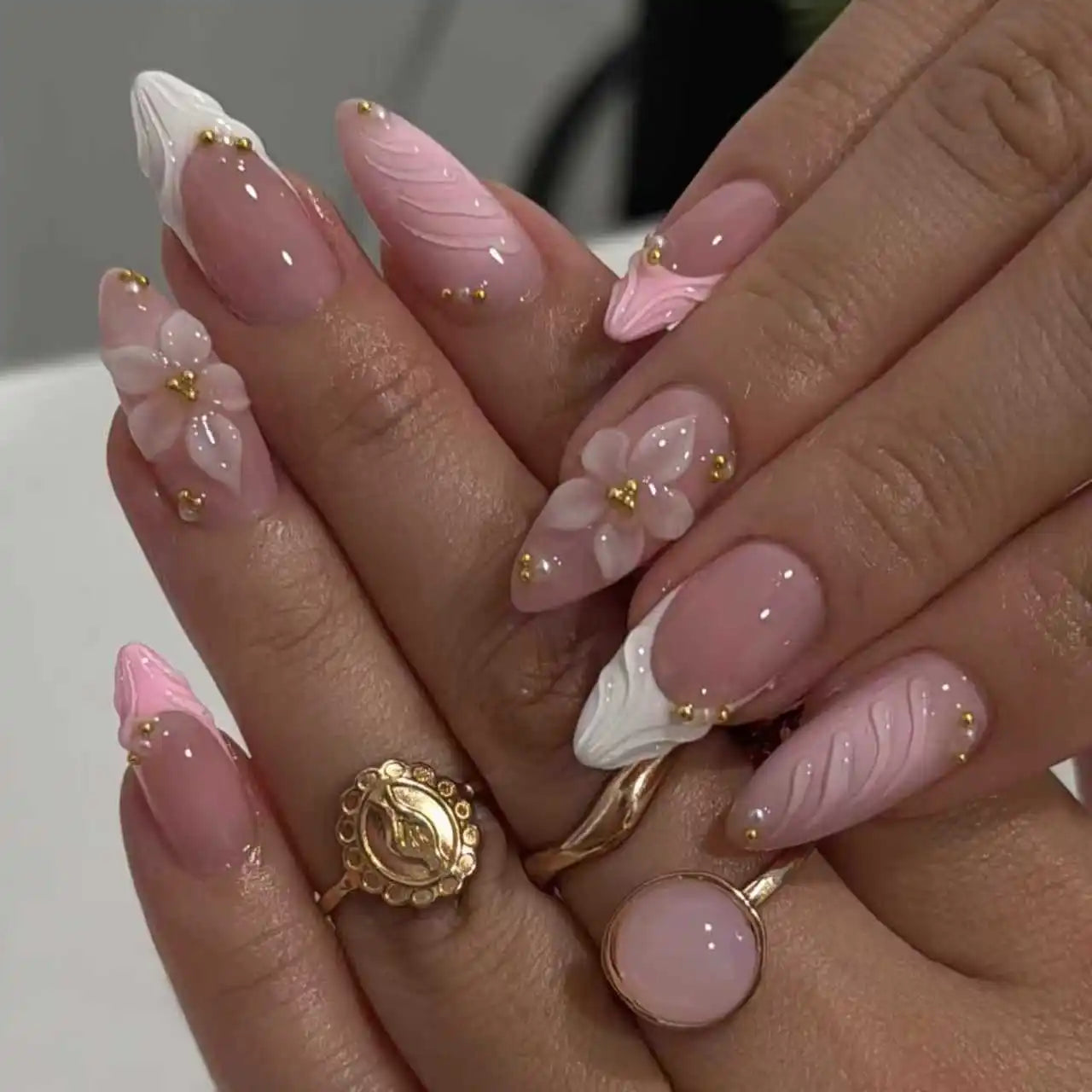 3D Flower French Tip Pink Almond Press On Nails – Handmade Pearl Bead Set | sNails Nails