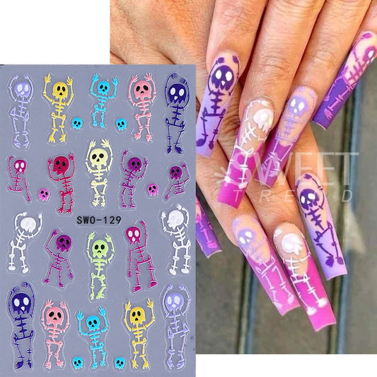2pcs Skeleton Halloween Nail Stickers Cartoon Skull Heads Textured