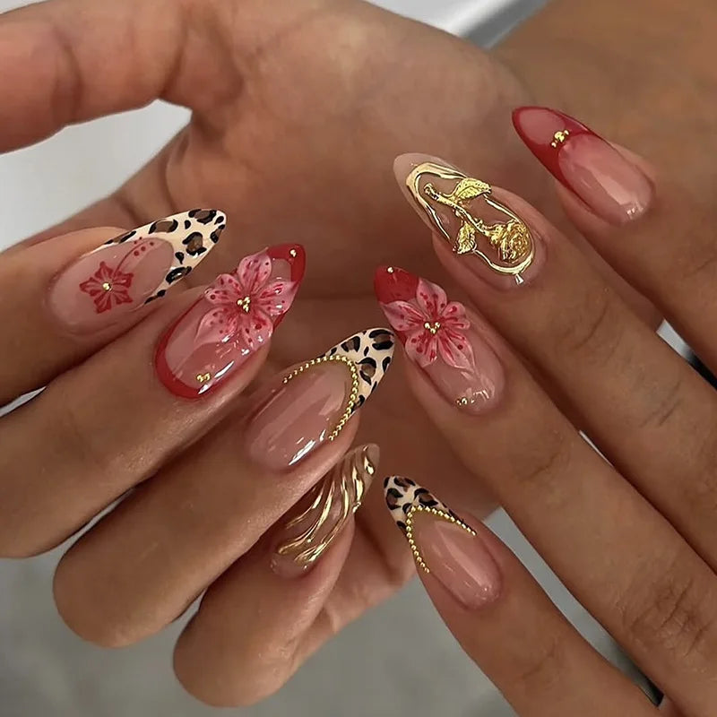 3D Flower French Tip Pink Almond Press On Nails – Handmade Pearl Bead Set | sNails Nails
