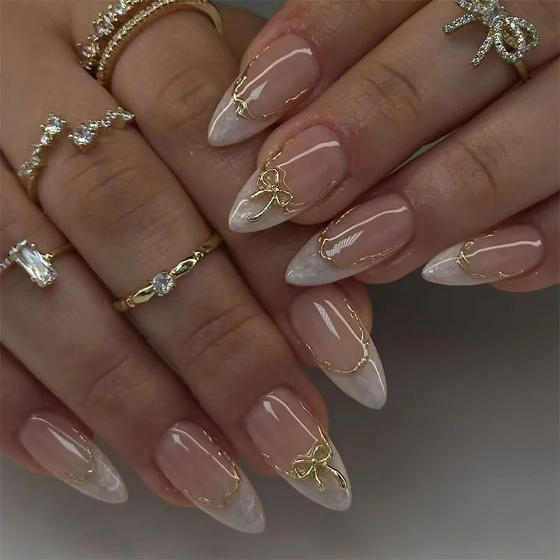 3D Flower French Tip Pink Almond Press On Nails – Handmade Pearl Bead Set | sNails Nails