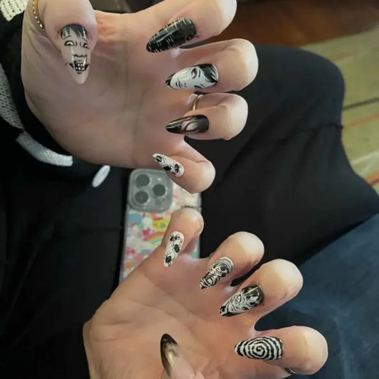 24Pcs Horror Comic Tomie Press on Nails Almond Glossy Black Japanese