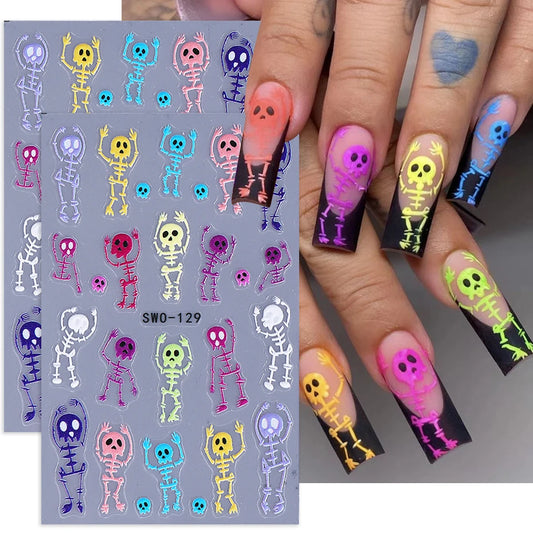 2pcs Skeleton Halloween Nail Stickers Cartoon Skull Heads Textured