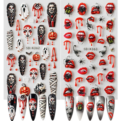 2pcs Halloween Ghost Mummy Blood Nail Stickers Pumpkin Spider Web Lips