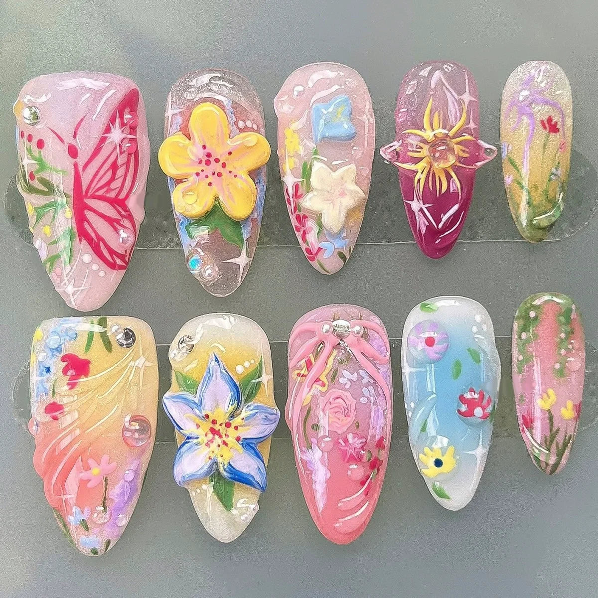 3D Flower French Tip Pink Almond Press On Nails – Handmade Pearl Bead Set | sNails Nails