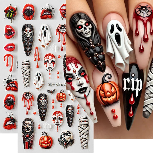 2pcs Halloween Ghost Mummy Blood Nail Stickers Pumpkin Spider Web Lips