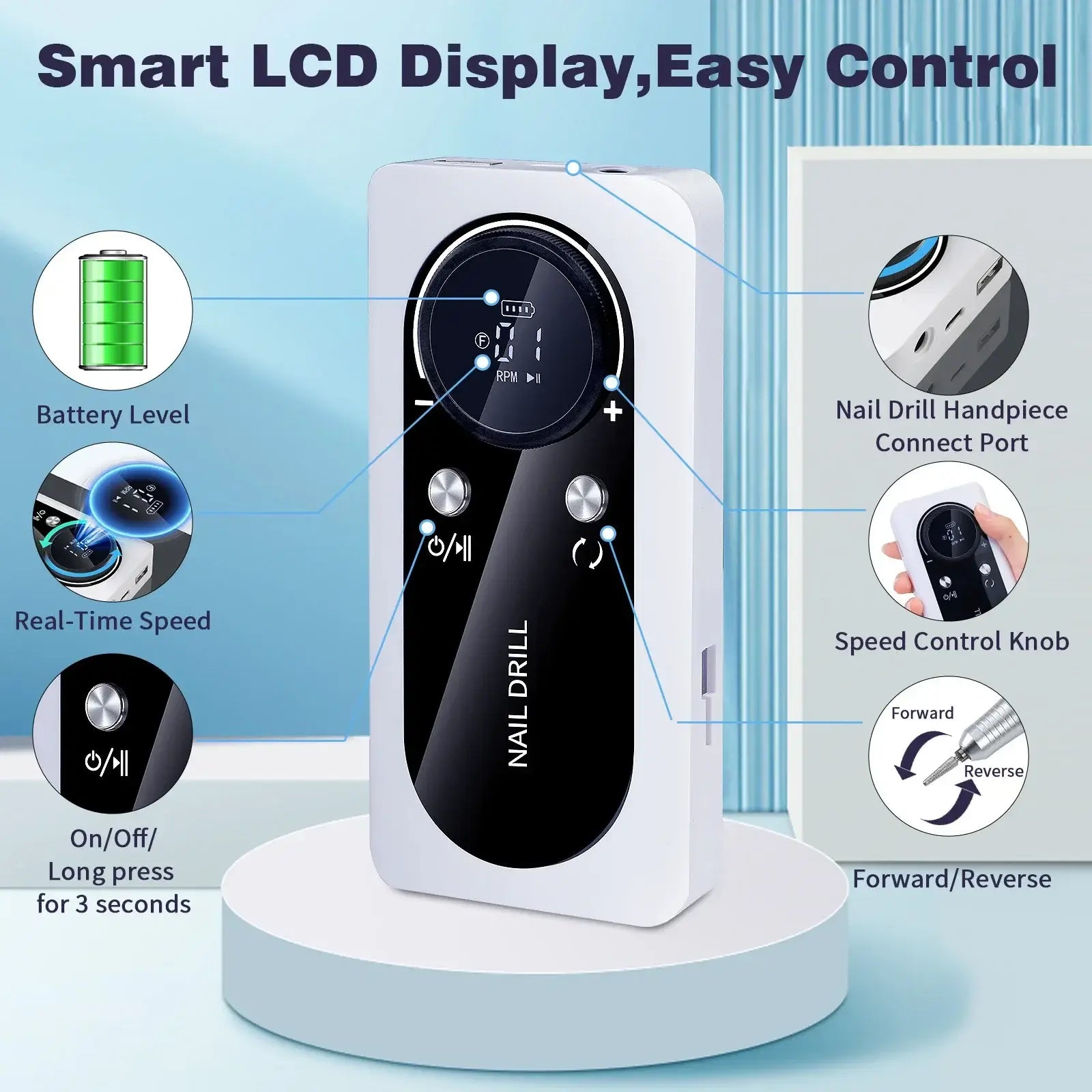 Rechargeable Nail Drill Machine With Low Noise & LCD Display