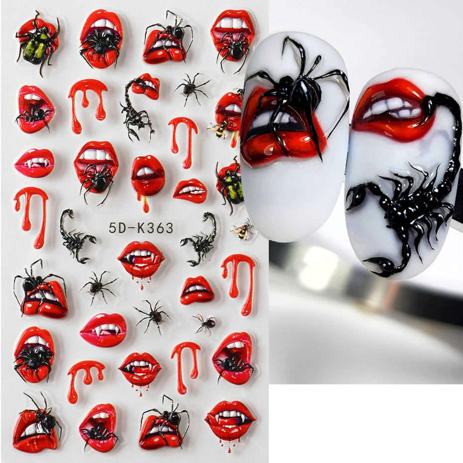 2pcs Halloween Ghost Mummy Blood Nail Stickers Pumpkin Spider Web Lips
