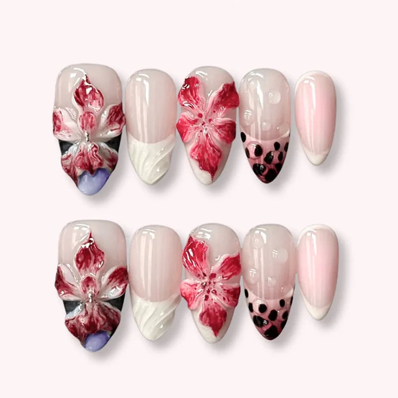 3D Flower French Tip Pink Almond Press On Nails – Handmade Pearl Bead Set | sNails Nails