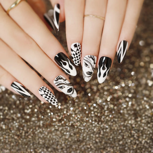 24Pcs Horror Comic Tomie Press on Nails Almond Glossy Black Japanese