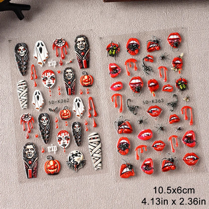 2pcs Halloween Ghost Mummy Blood Nail Stickers Pumpkin Spider Web Lips