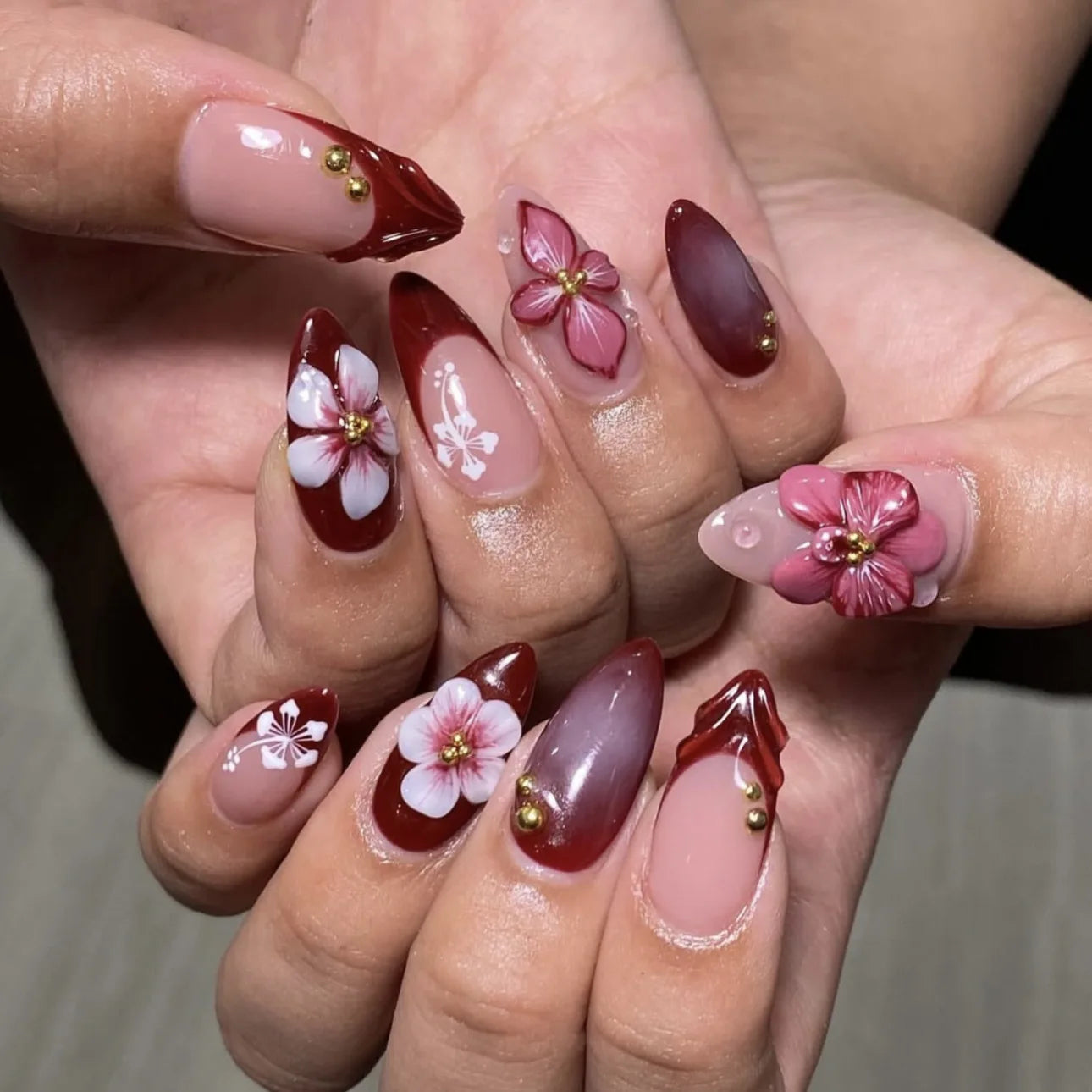 3D Flower French Tip Pink Almond Press On Nails – Handmade Pearl Bead Set | sNails Nails