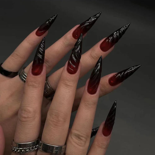 24Pcs Black Y2k Fake Nails with Diamond Halloween Long Almond False