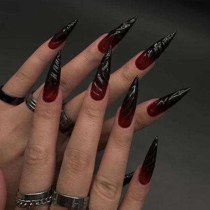 24Pcs Black Y2k Fake Nails with Diamond Halloween Long Almond False
