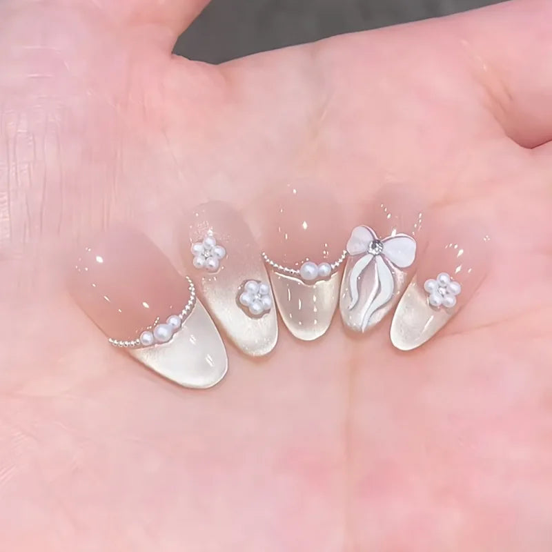 3D Flower French Tip Pink Almond Press On Nails – Handmade Pearl Bead Set | sNails Nails