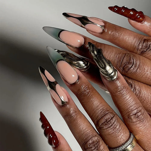 24Pcs Black Y2k Fake Nails with Diamond Halloween Long Almond False