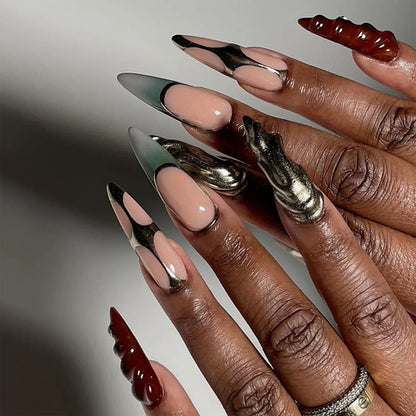 24Pcs Black Y2k Fake Nails with Diamond Halloween Long Almond False