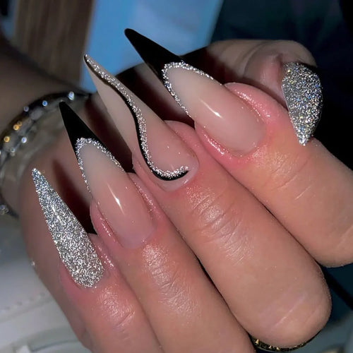 24Pcs Black Y2k Fake Nails with Diamond Halloween Long Almond False