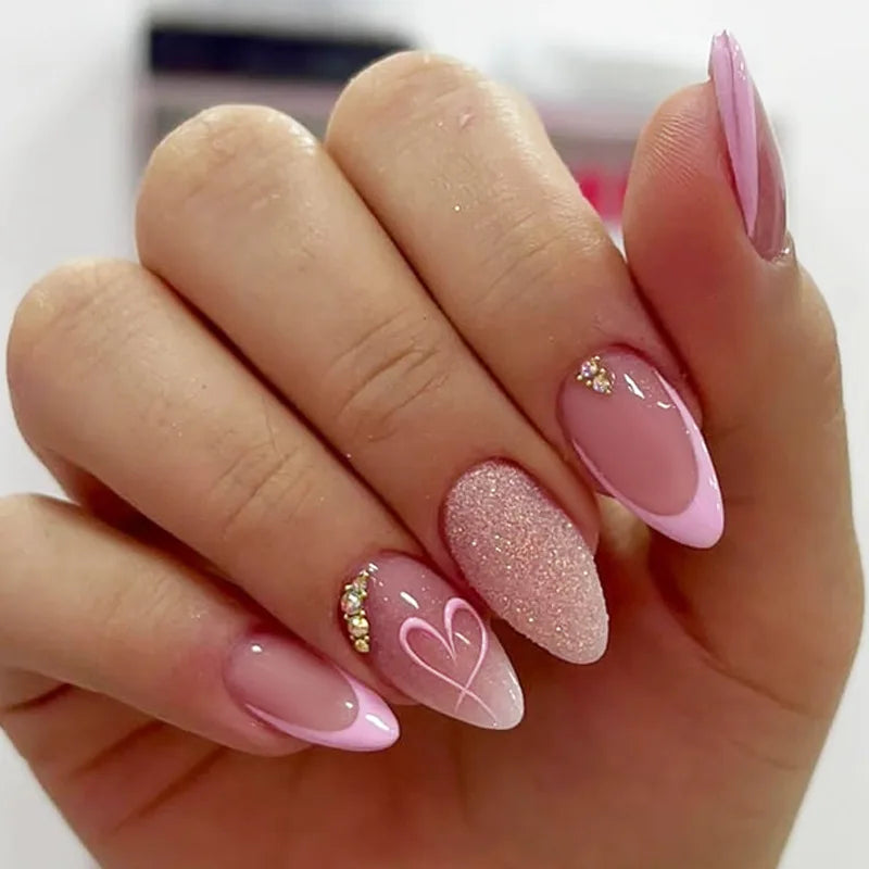 3D Flower French Tip Pink Almond Press On Nails – Handmade Pearl Bead Set | sNails Nails