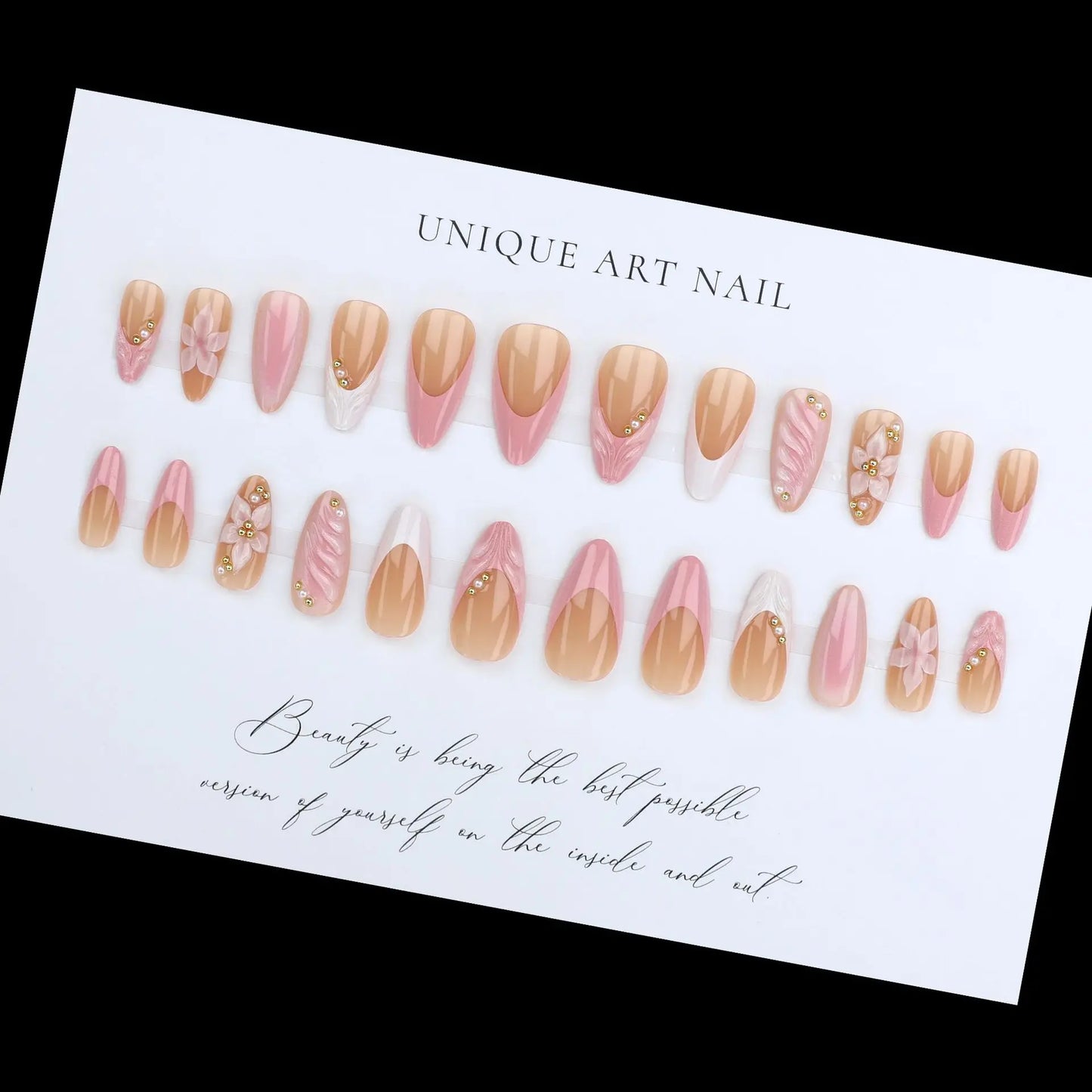 3D Flower French Tip Pink Almond Press On Nails – Handmade Pearl Bead Set | sNails Nails
