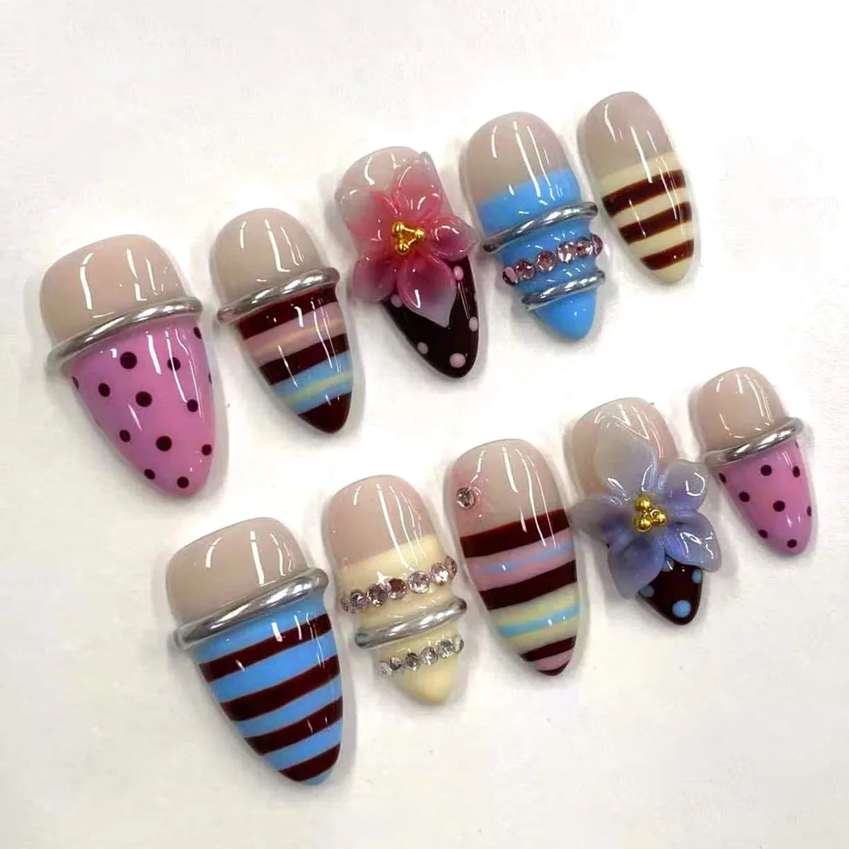 3D Flower French Tip Pink Almond Press On Nails – Handmade Pearl Bead Set | sNails Nails