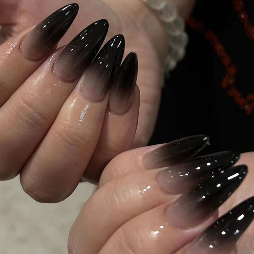 24Pcs Black Y2k Fake Nails with Diamond Halloween Long Almond False