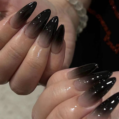 24Pcs Black Y2k Fake Nails with Diamond Halloween Long Almond False