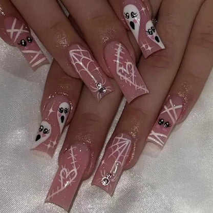24Pcs Horror Comic Tomie Press on Nails Almond Glossy Black Japanese