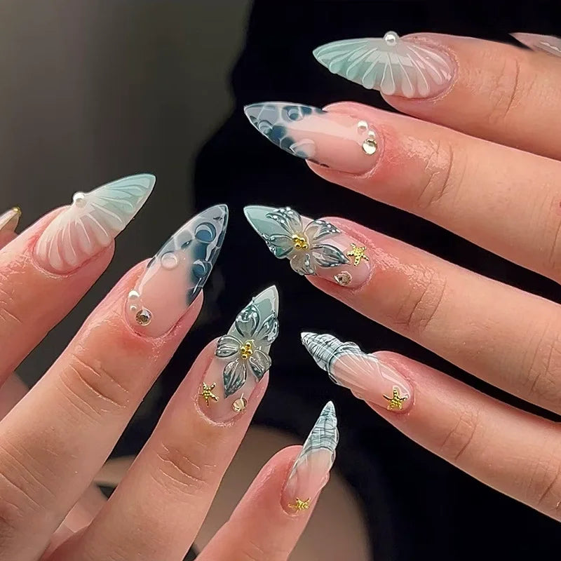 3D Flower French Tip Pink Almond Press On Nails – Handmade Pearl Bead Set | sNails Nails