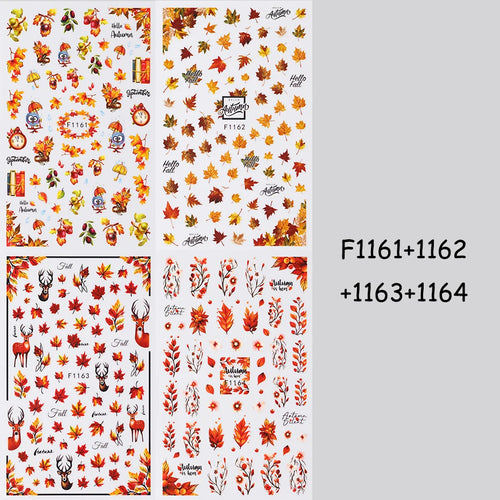 4 pcs 3D Autumn Maple Leaves Nail Stickers Deer Hazelnut Character