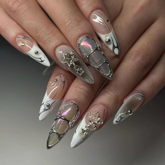 24Pcs Black Y2k Fake Nails with Diamond Halloween Long Almond False