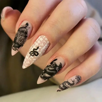 24Pcs Horror Comic Tomie Press on Nails Almond Glossy Black Japanese