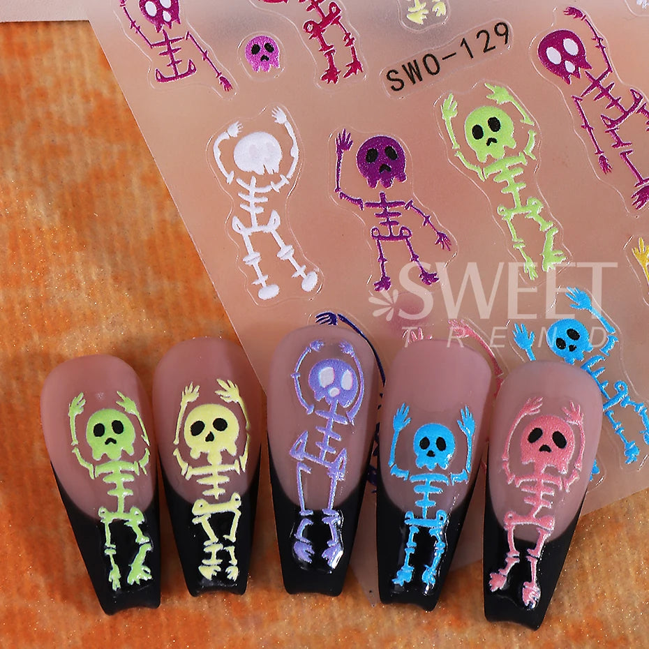 2pcs Skeleton Halloween Nail Stickers Cartoon Skull Heads Textured