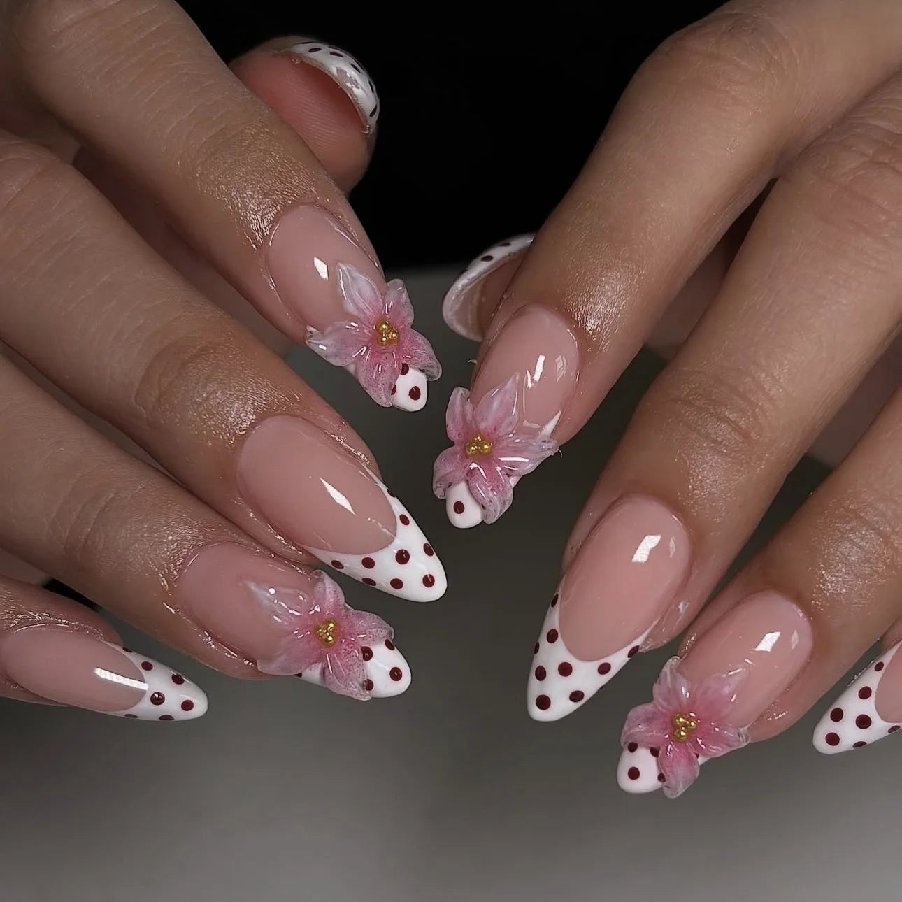 3D Flower French Tip Pink Almond Press On Nails – Handmade Pearl Bead Set | sNails Nails