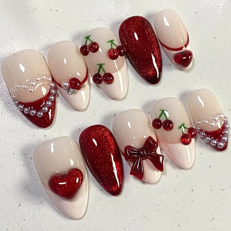 3D Flower French Tip Pink Almond Press On Nails – Handmade Pearl Bead Set | sNails Nails
