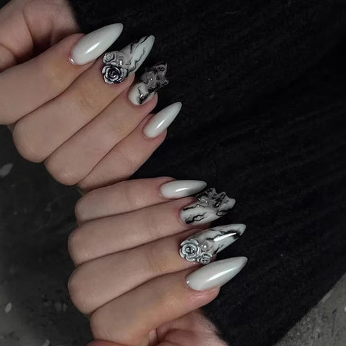 24Pcs Black Y2k Fake Nails with Diamond Halloween Long Almond False