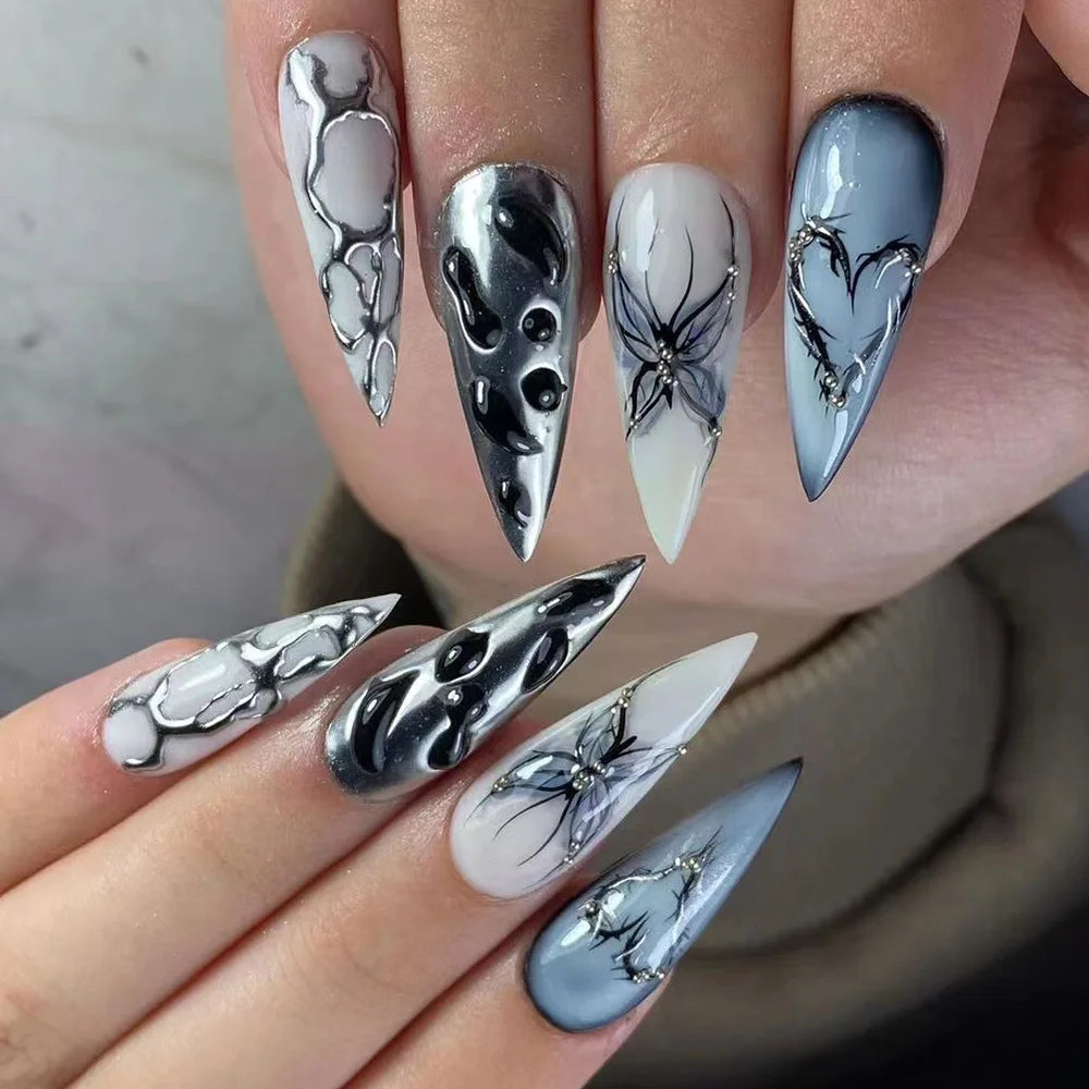24Pcs Black Y2k Fake Nails with Diamond Halloween Long Almond False