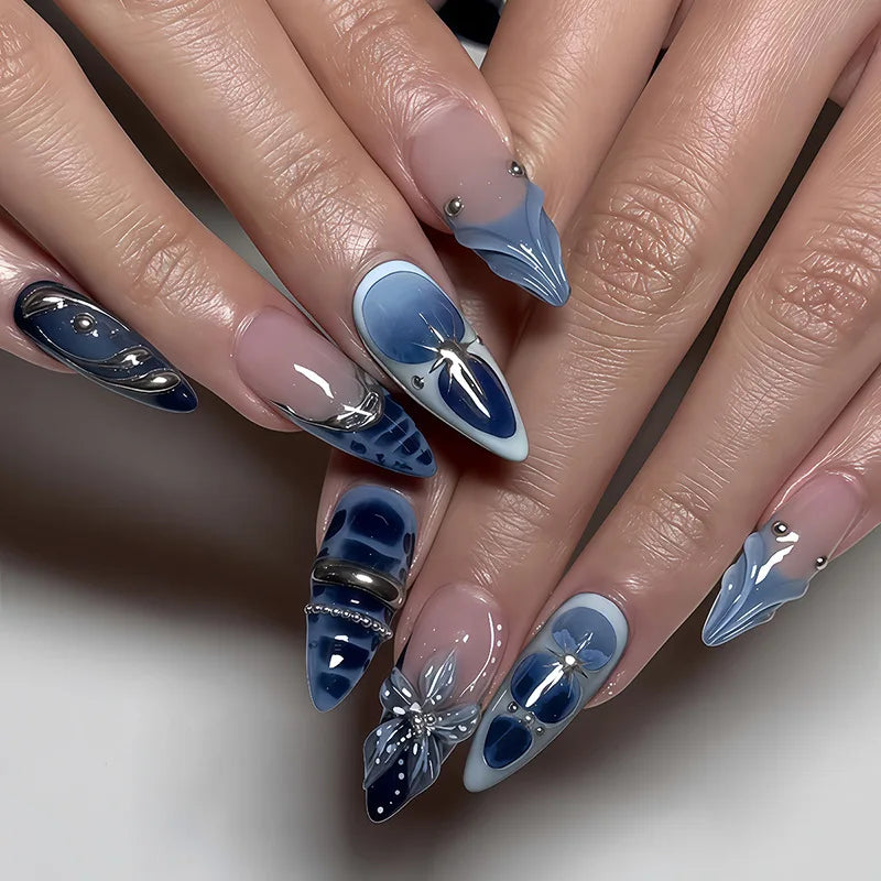 3D Flower French Tip Pink Almond Press On Nails – Handmade Pearl Bead Set | sNails Nails