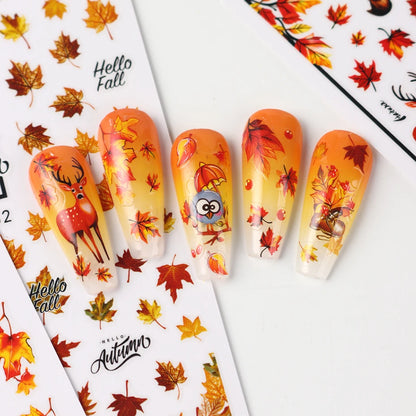 4 pcs 3D Autumn Maple Leaves Nail Stickers Deer Hazelnut Character