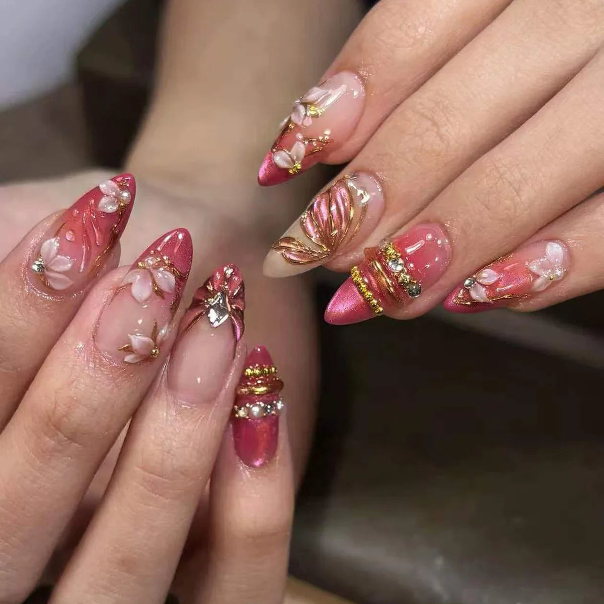 3D Flower French Tip Pink Almond Press On Nails – Handmade Pearl Bead Set | sNails Nails