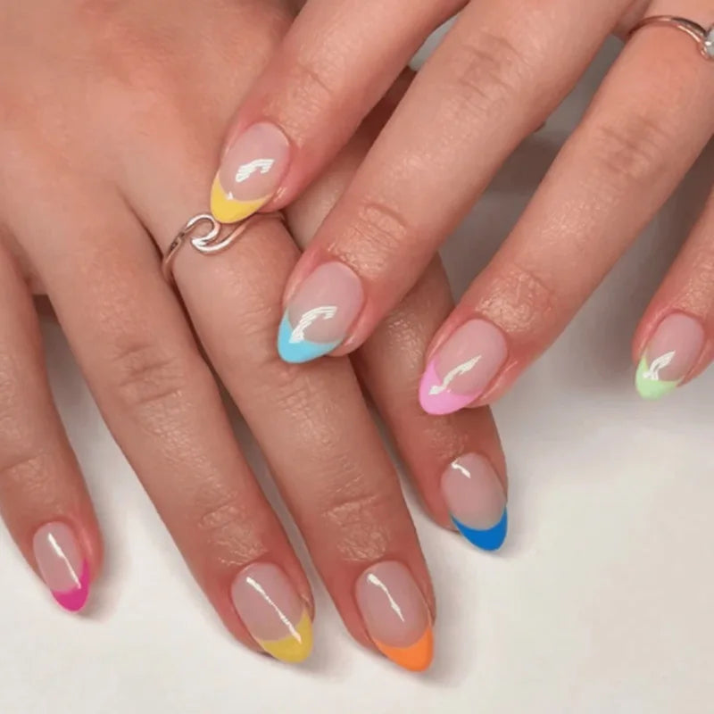 3D Flower French Tip Pink Almond Press On Nails – Handmade Pearl Bead Set | sNails Nails