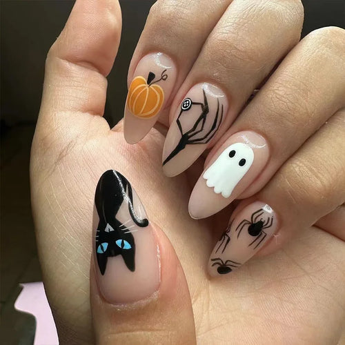 24Pcs Horror Comic Tomie Press on Nails Almond Glossy Black Japanese