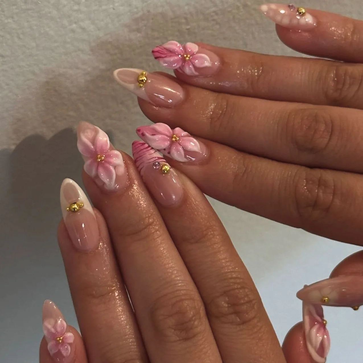 3D Flower French Tip Pink Almond Press On Nails – Handmade Pearl Bead Set | sNails Nails