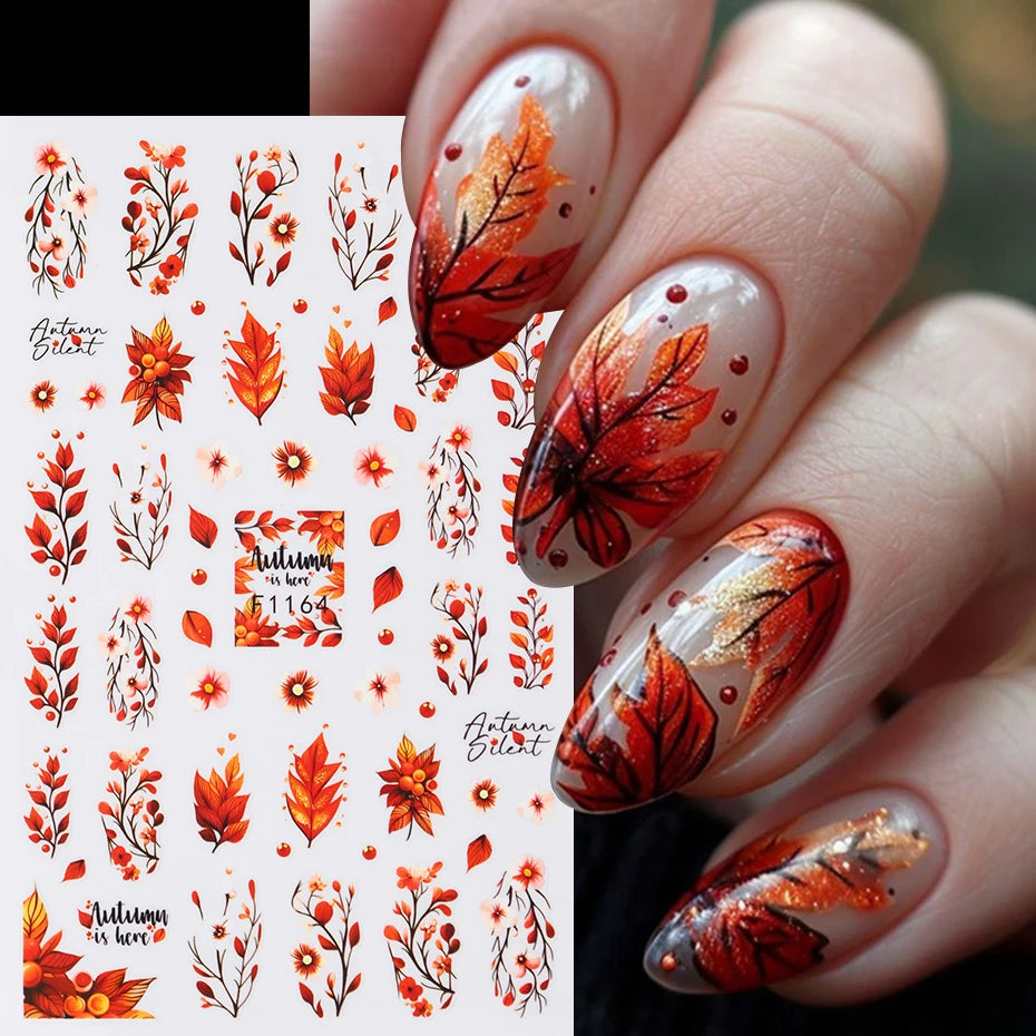 4 pcs 3D Autumn Maple Leaves Nail Stickers Deer Hazelnut Character